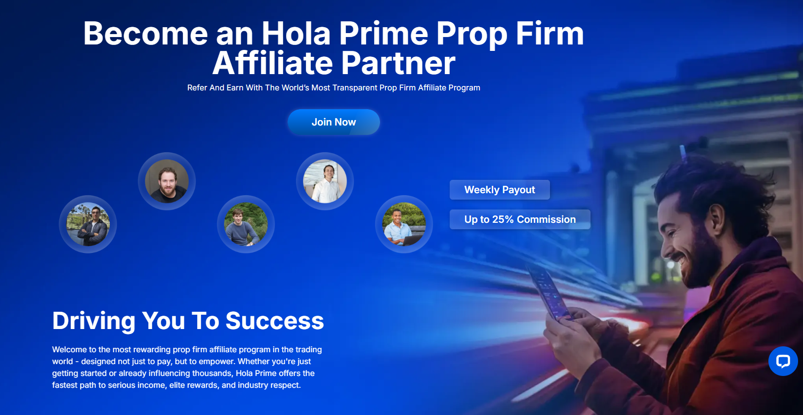 A stylized graphic showing partnership and growth, with Hola Prime logos and upward-trending arrows.