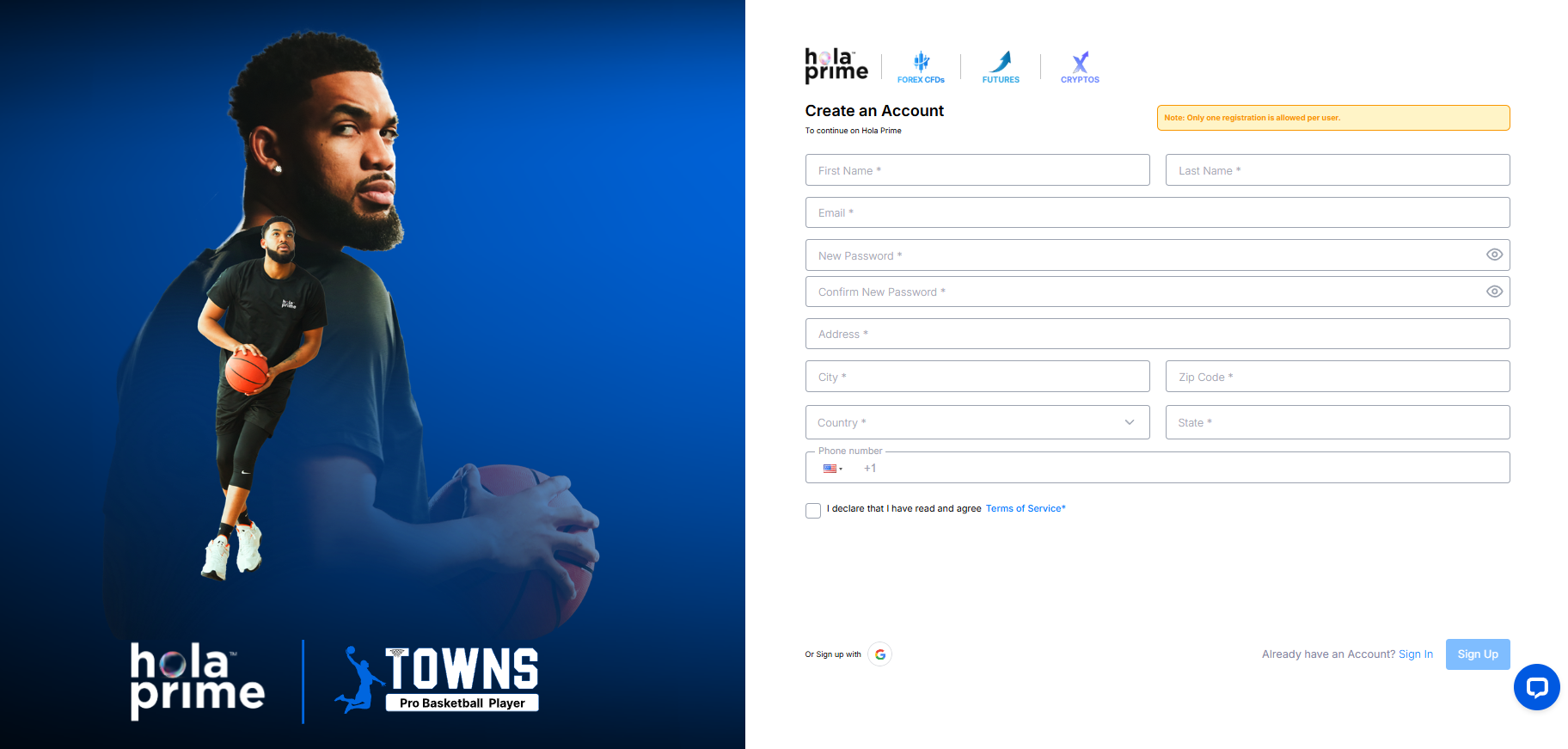 The Hola Prime sign up form showing fields for email, password, and country of residence.
