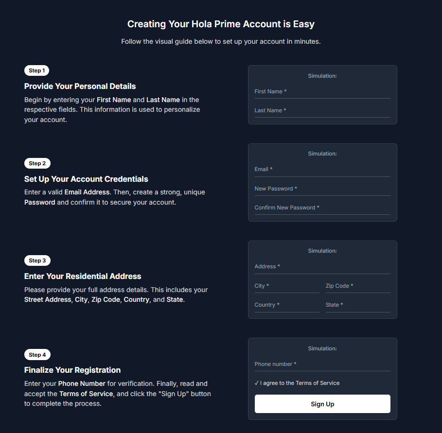 The Hola Prime sign in page with input fields for email and password.