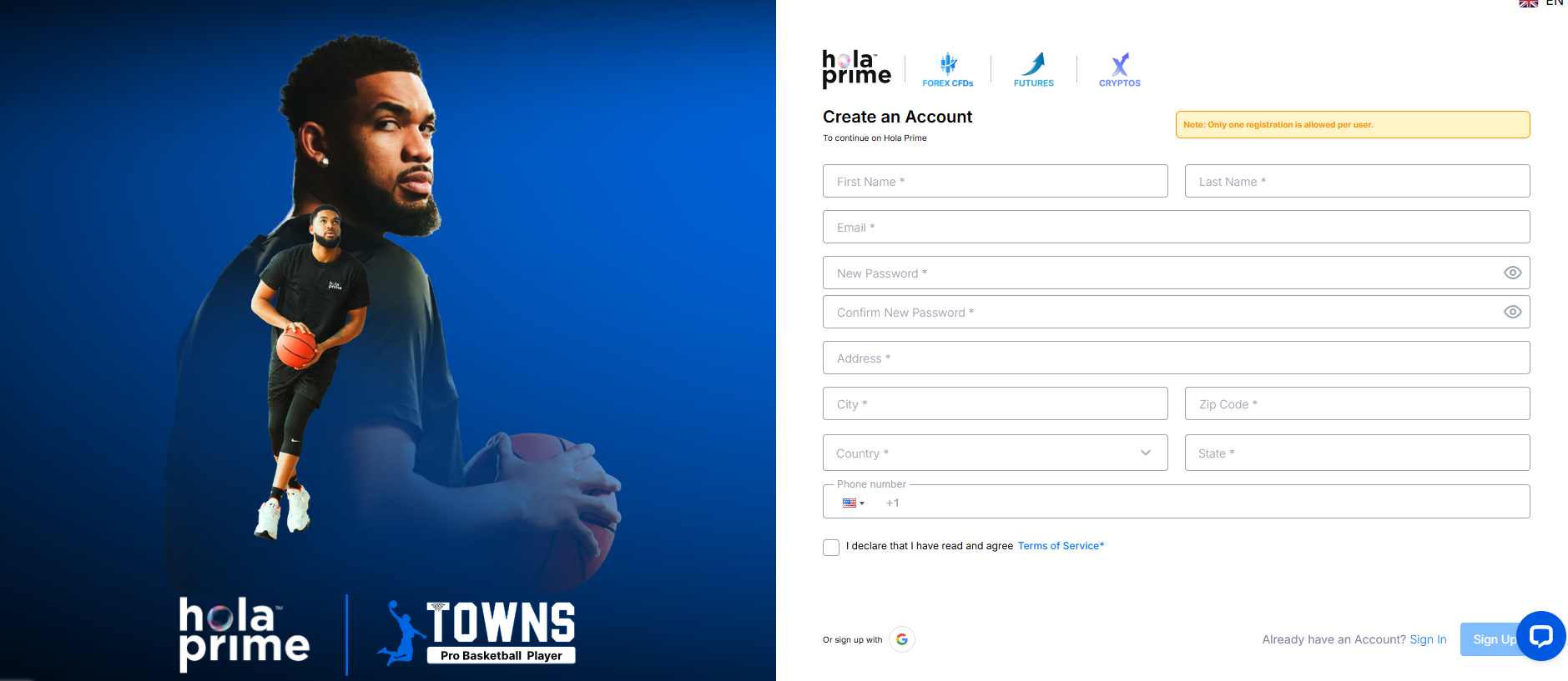 The Hola Prime sign up form on a desktop screen, showing email and password fields.