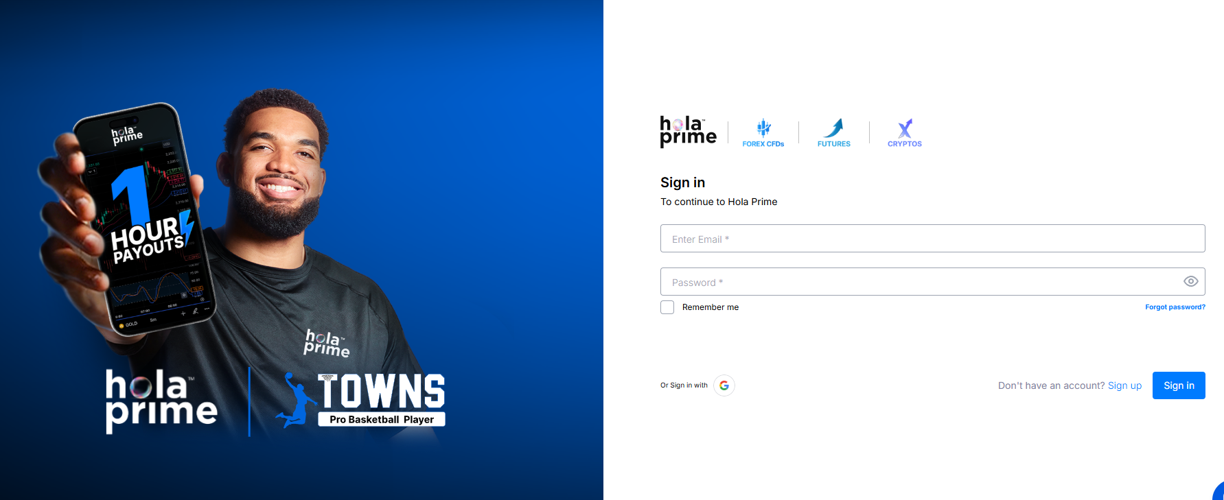 The Hola Prime sign in page with fields for email, password, and Two-Factor Authentication (2FA) code.